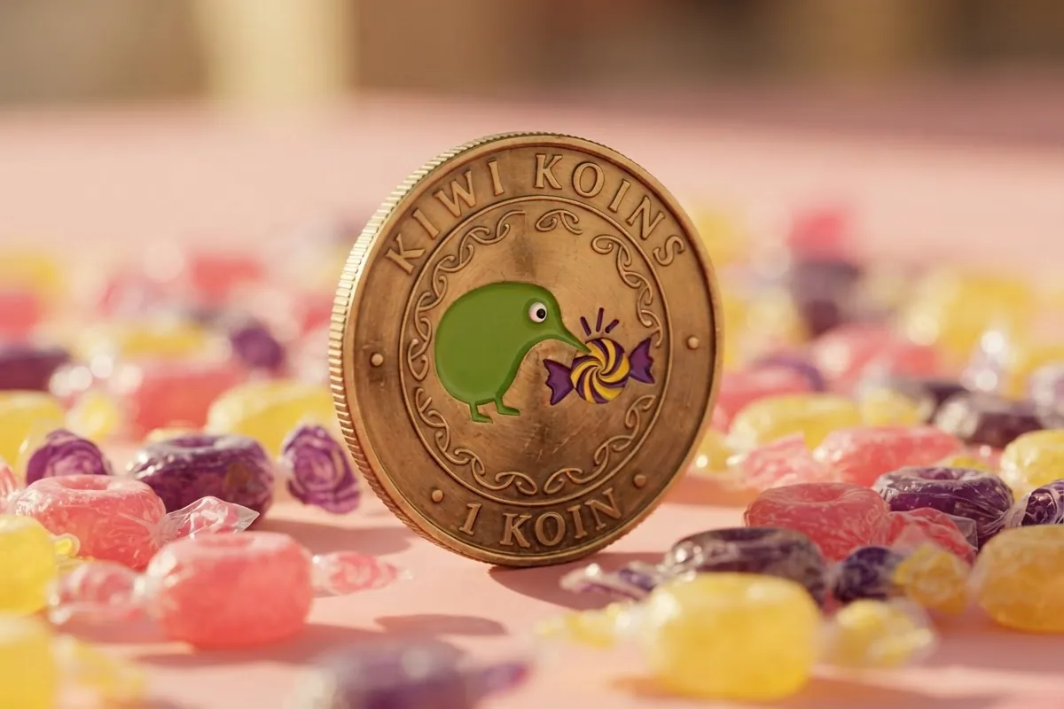 A gold Kiwi Koin standing among colourful wrapped lollies