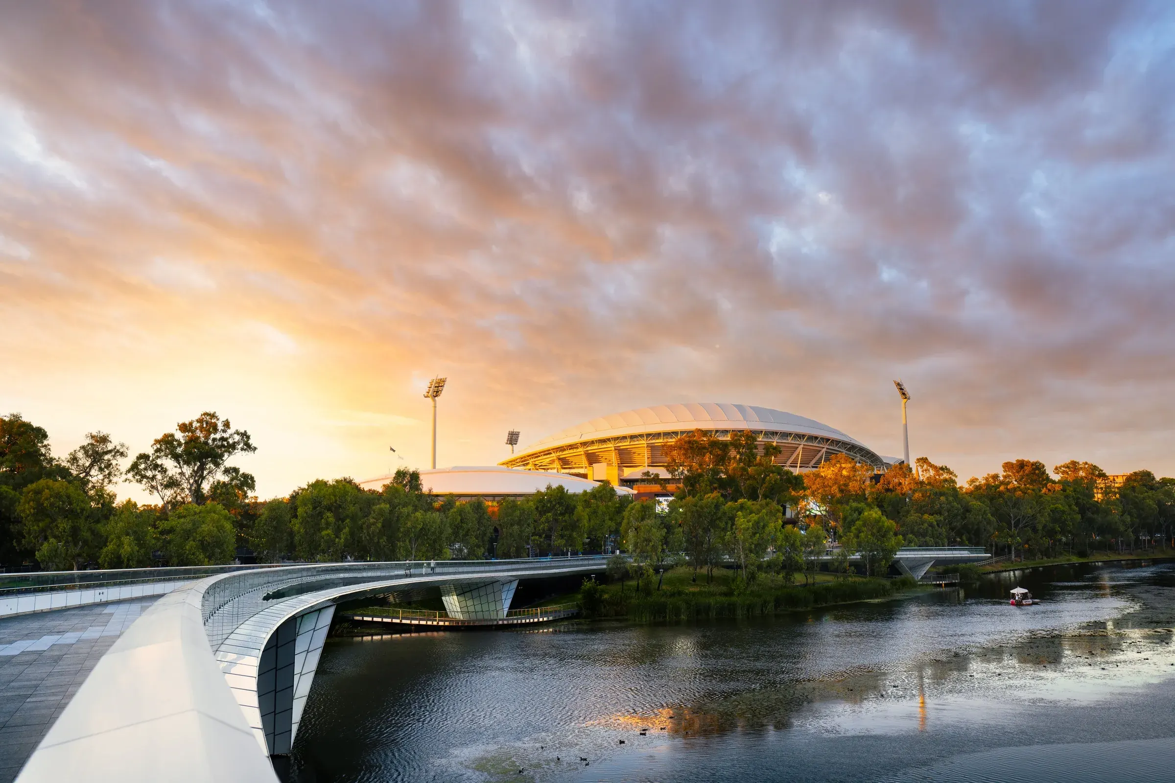 The Adelaide riverbank and footbridge at sunrise