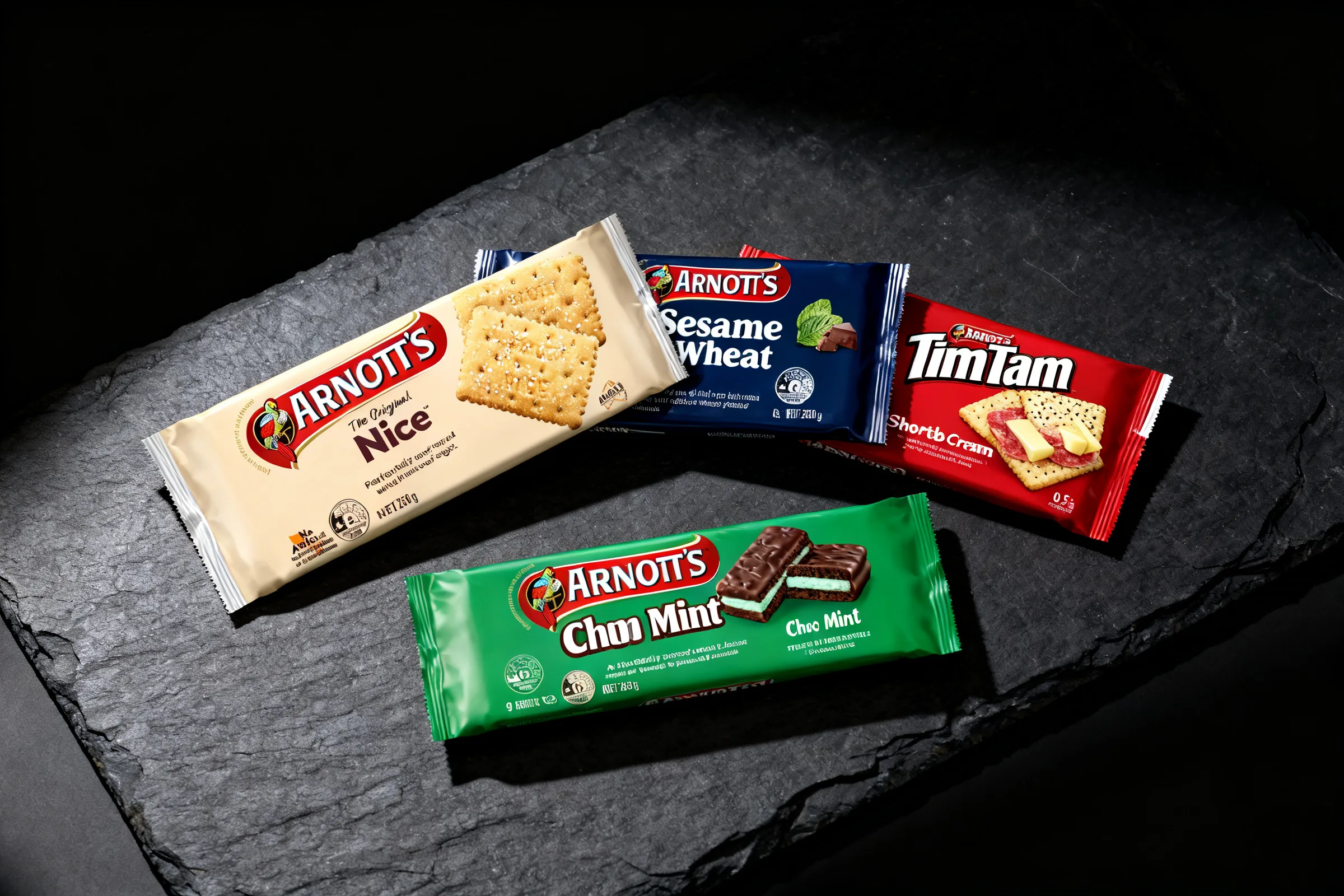 Arnott's Nice Biscuits, Sesame Wheat Crackers and Shortbread Cream Biscuits, photographed together on dark slate