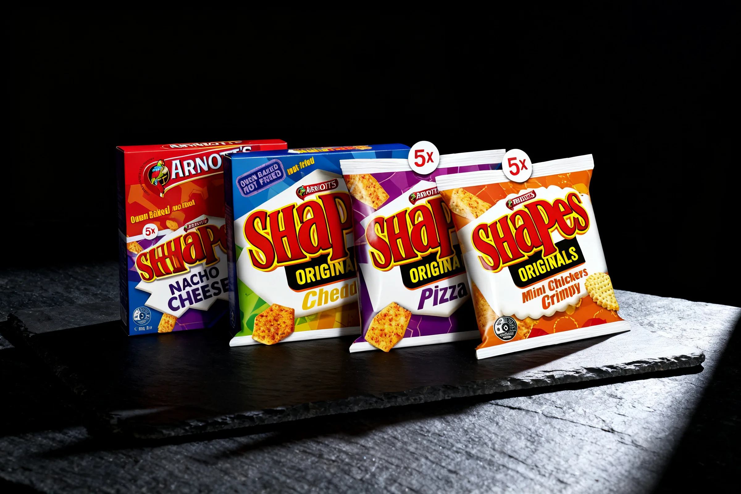 Arnott's Shapes Variety Multi Pack, Nacho Cheese Crackers and Originals Pizza Crackers, photographed together on dark slate