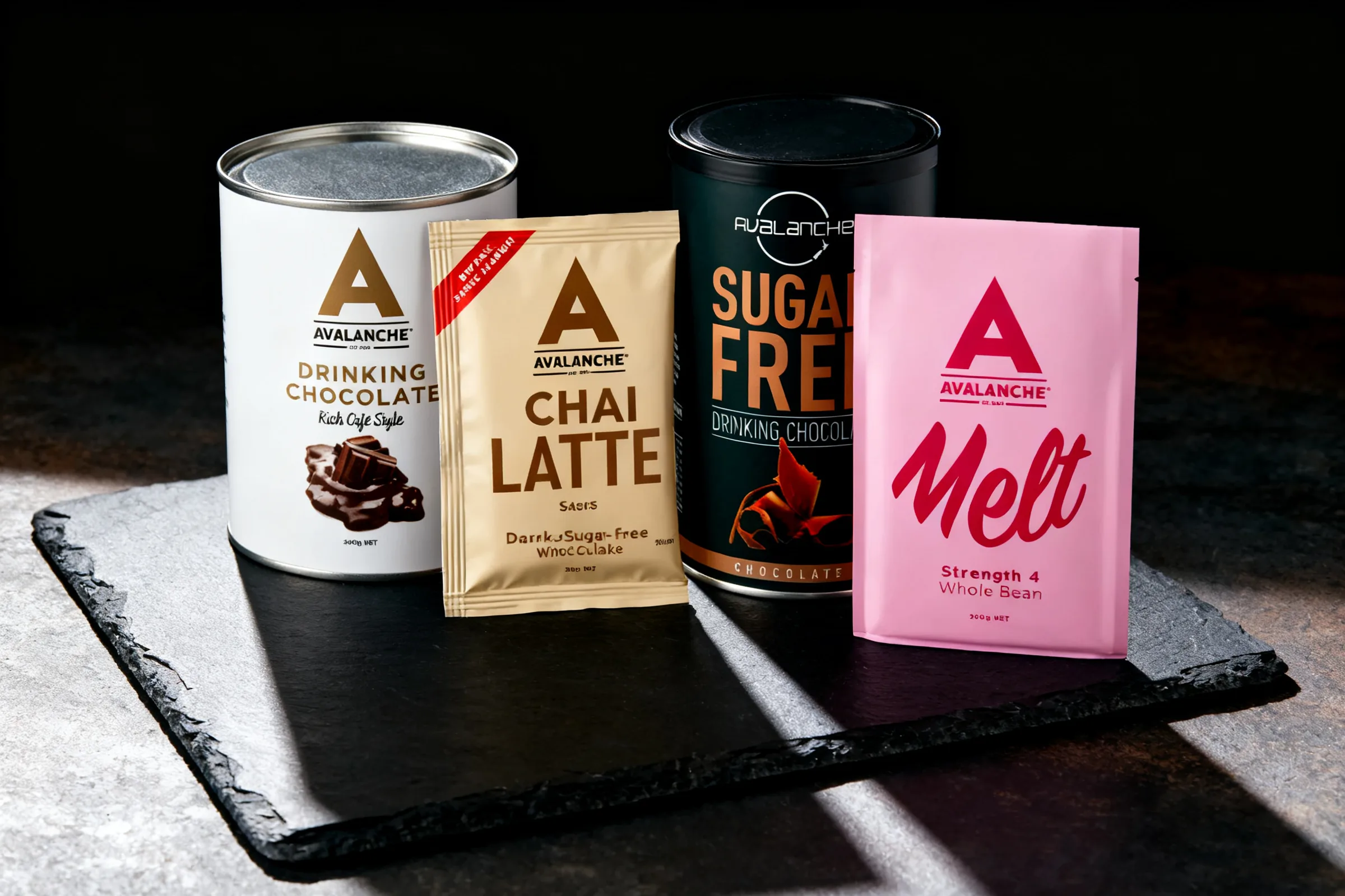 Avalanche Drinking Chocolate, Cafe Style Chai Latte Sticks and Sugar Free Drinking Chocolate, photographed together on dark slate