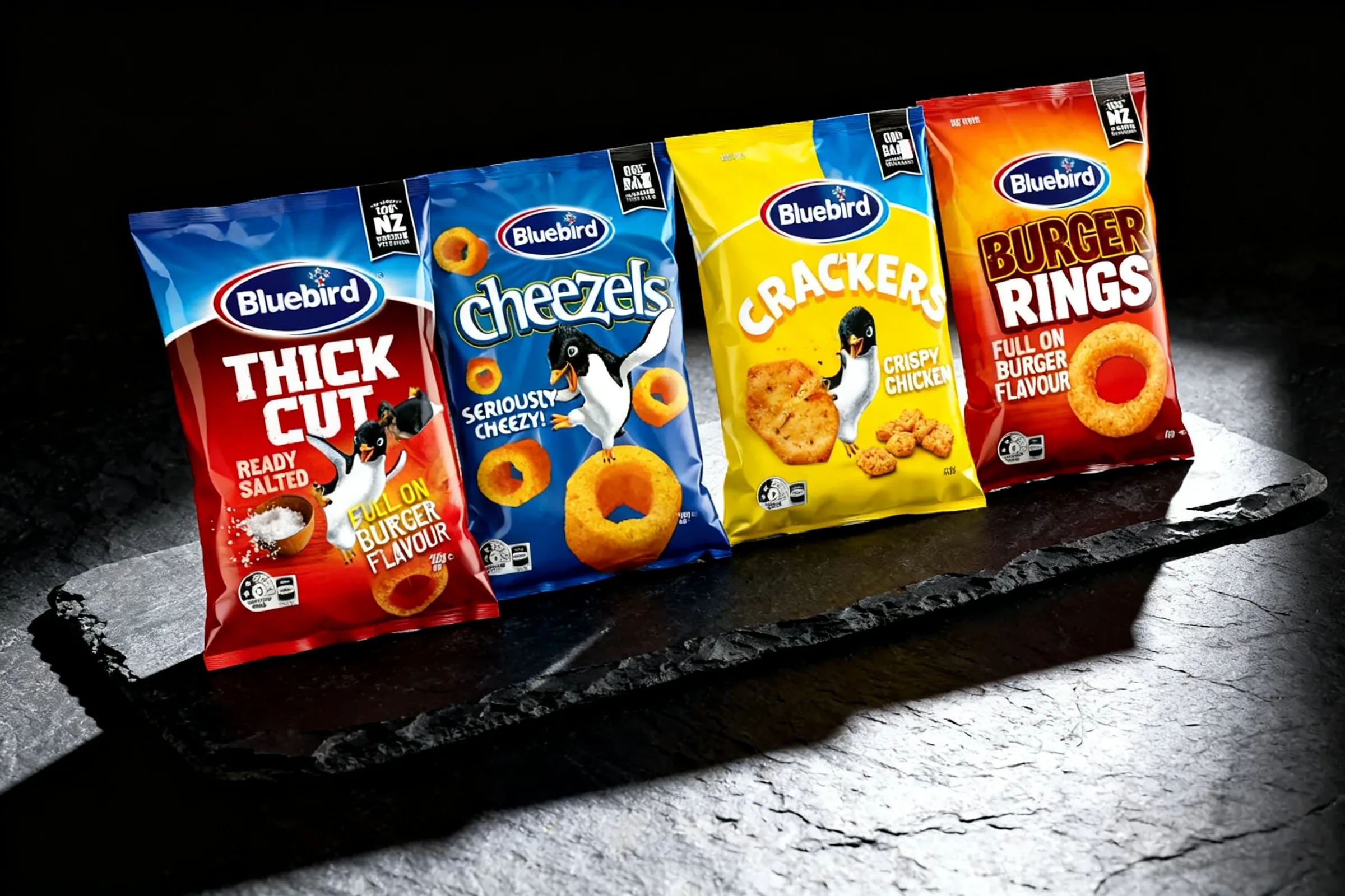 Bluebird Thick Cut Salted Potato Chips, Cheezels and Crispy Chicken Crackers, photographed together on dark slate