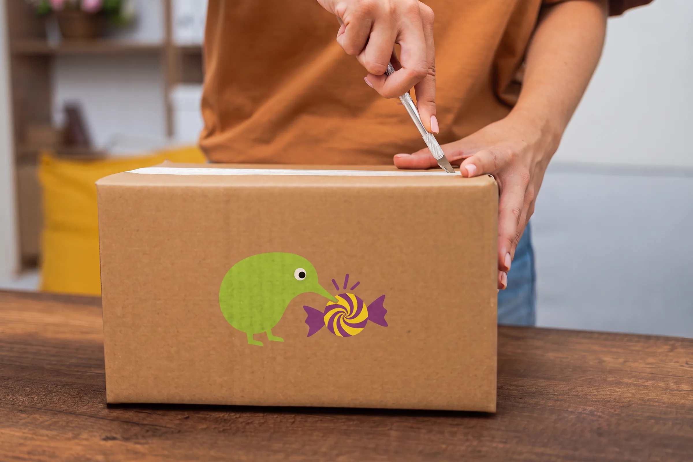 A KiwiKandy box being opened on a table at home