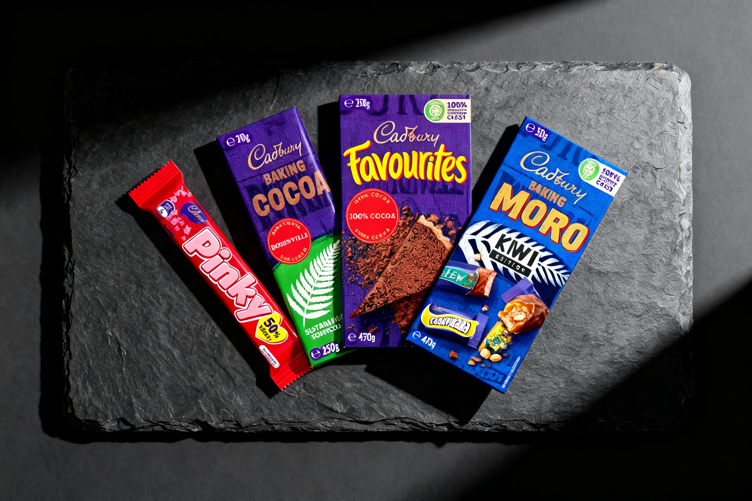 Cadbury Pinky Bar, Baking Cocoa and Kiwi Edition, photographed together on dark slate