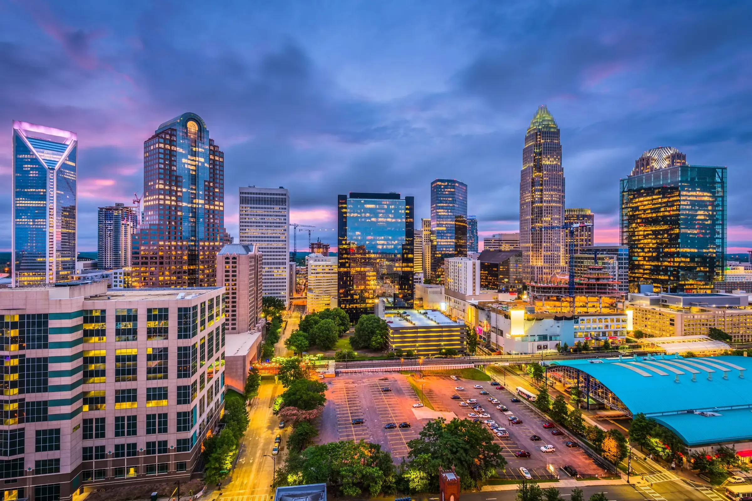 Uptown Charlotte, North Carolina, lit up at dusk