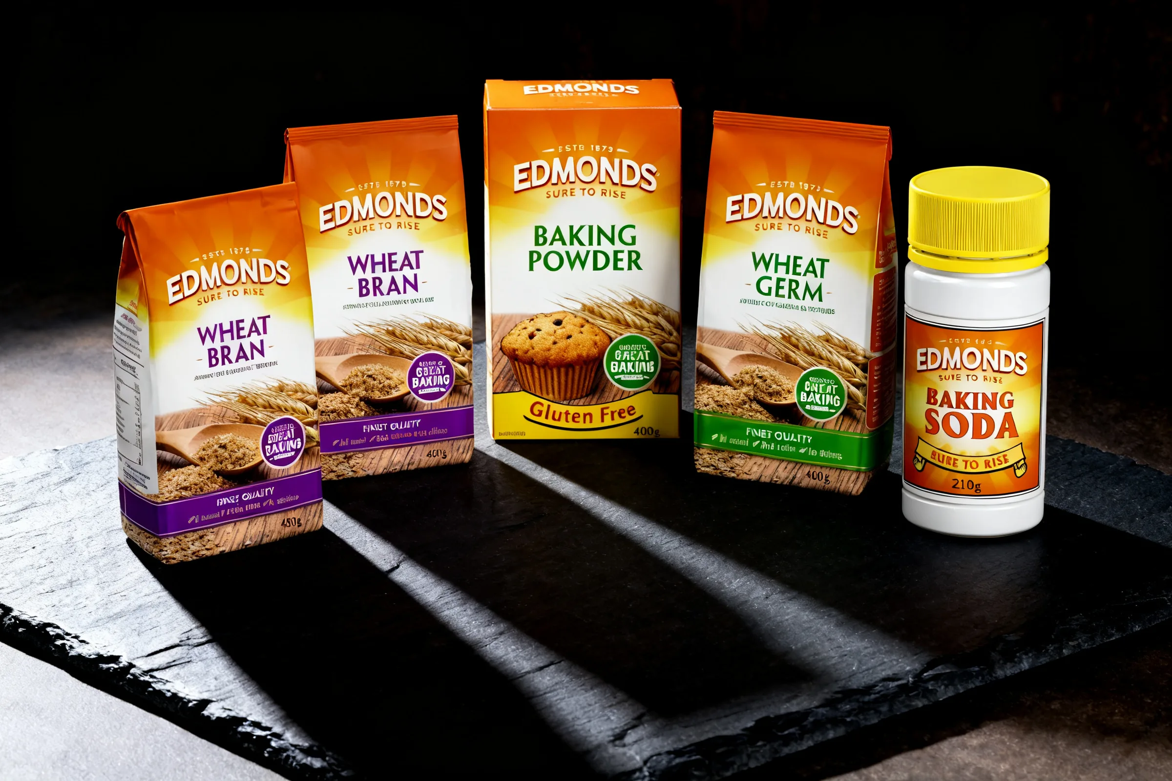 Edmonds Wheat Bran, Baking Powder and Wheat Germ, photographed together on dark slate
