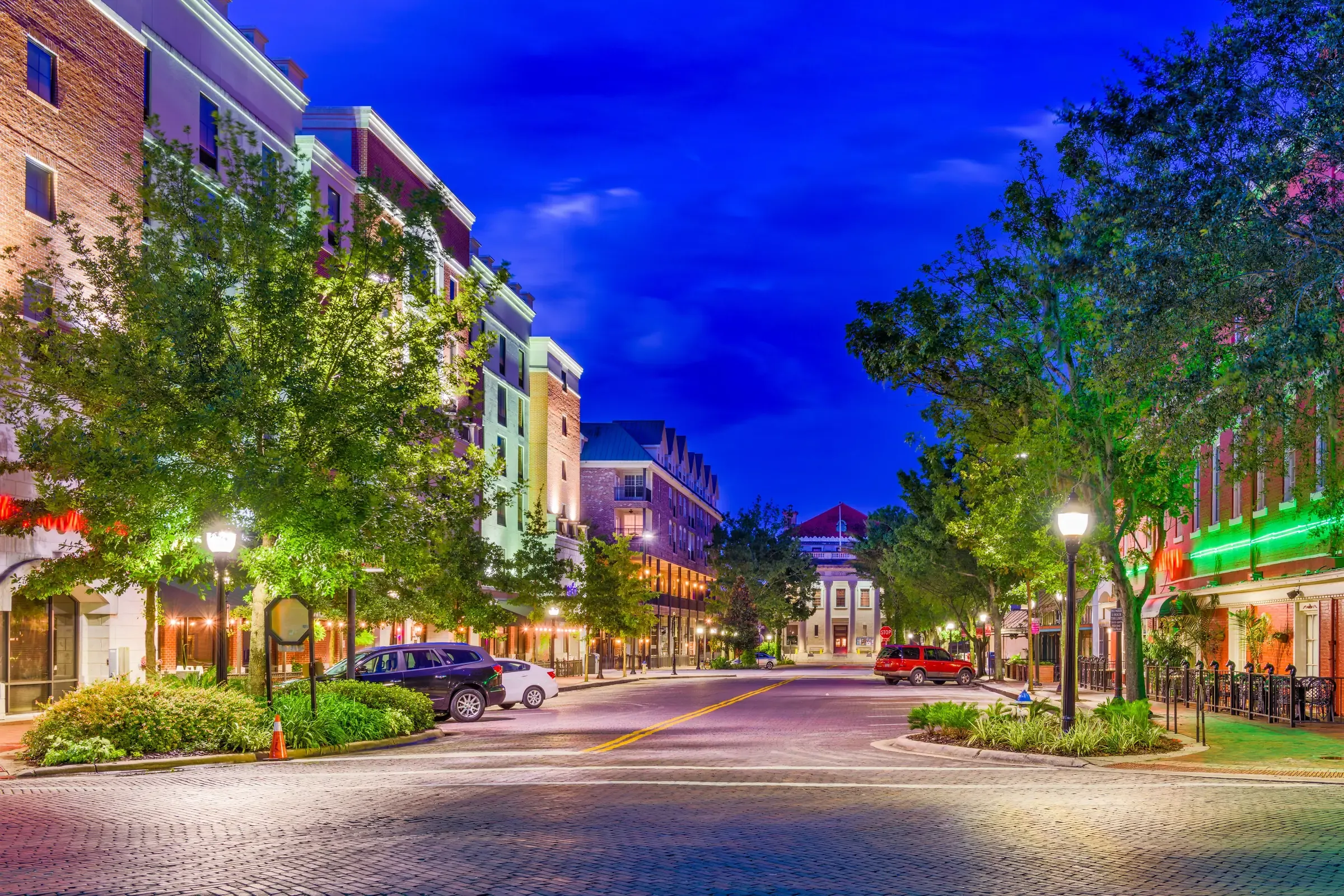 A tree-lined street in Gainesville, Florida, on a warm evening