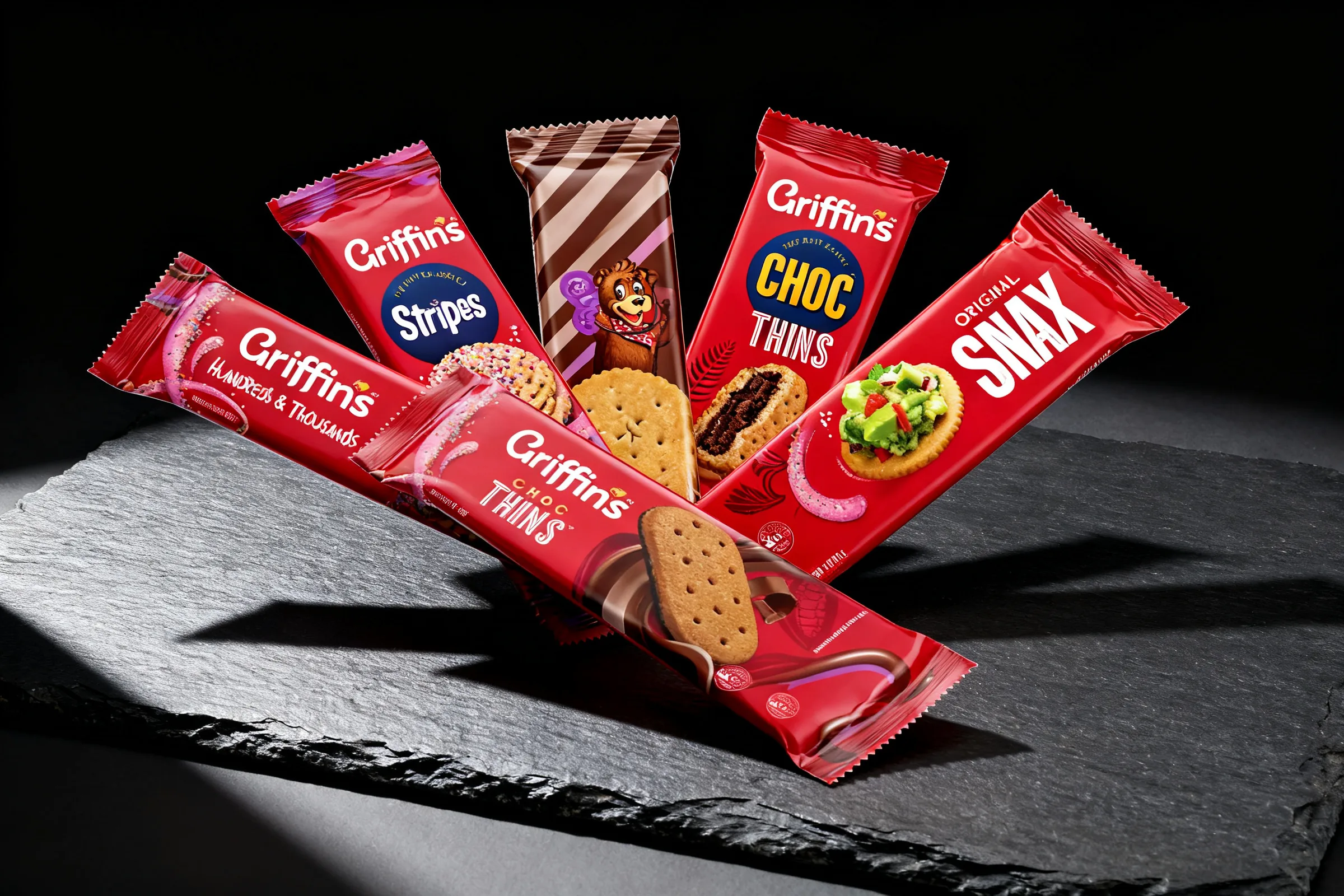 Griffin's Hundreds & Thousands Biscuits, Stripes Biscuits and Choc Thins Biscuits, photographed together on dark slate