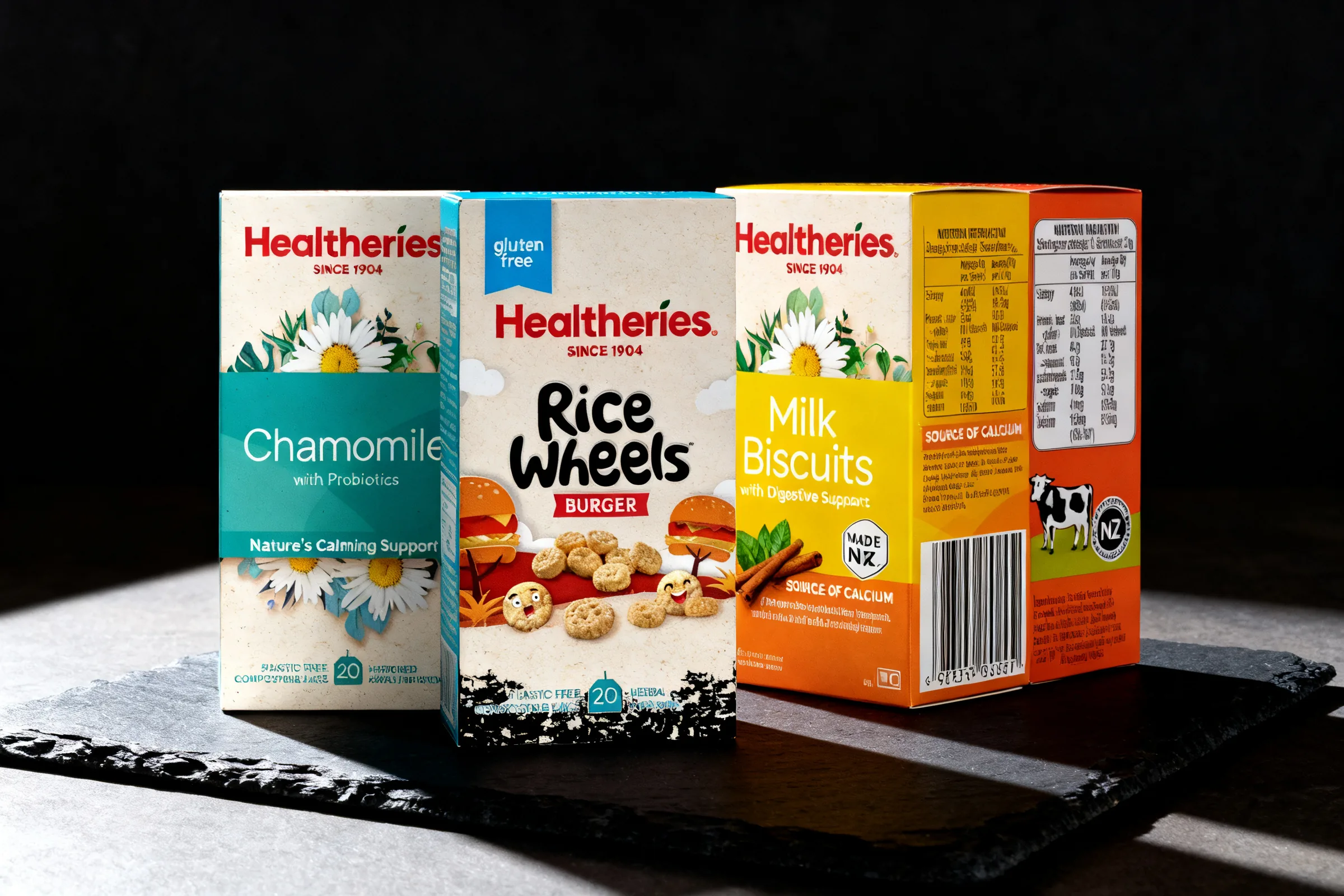 Healtheries Chamomile Tea Bags, Burger Rice Wheel Snack and Banana Flavour Milk Biscuits, photographed together on dark slate
