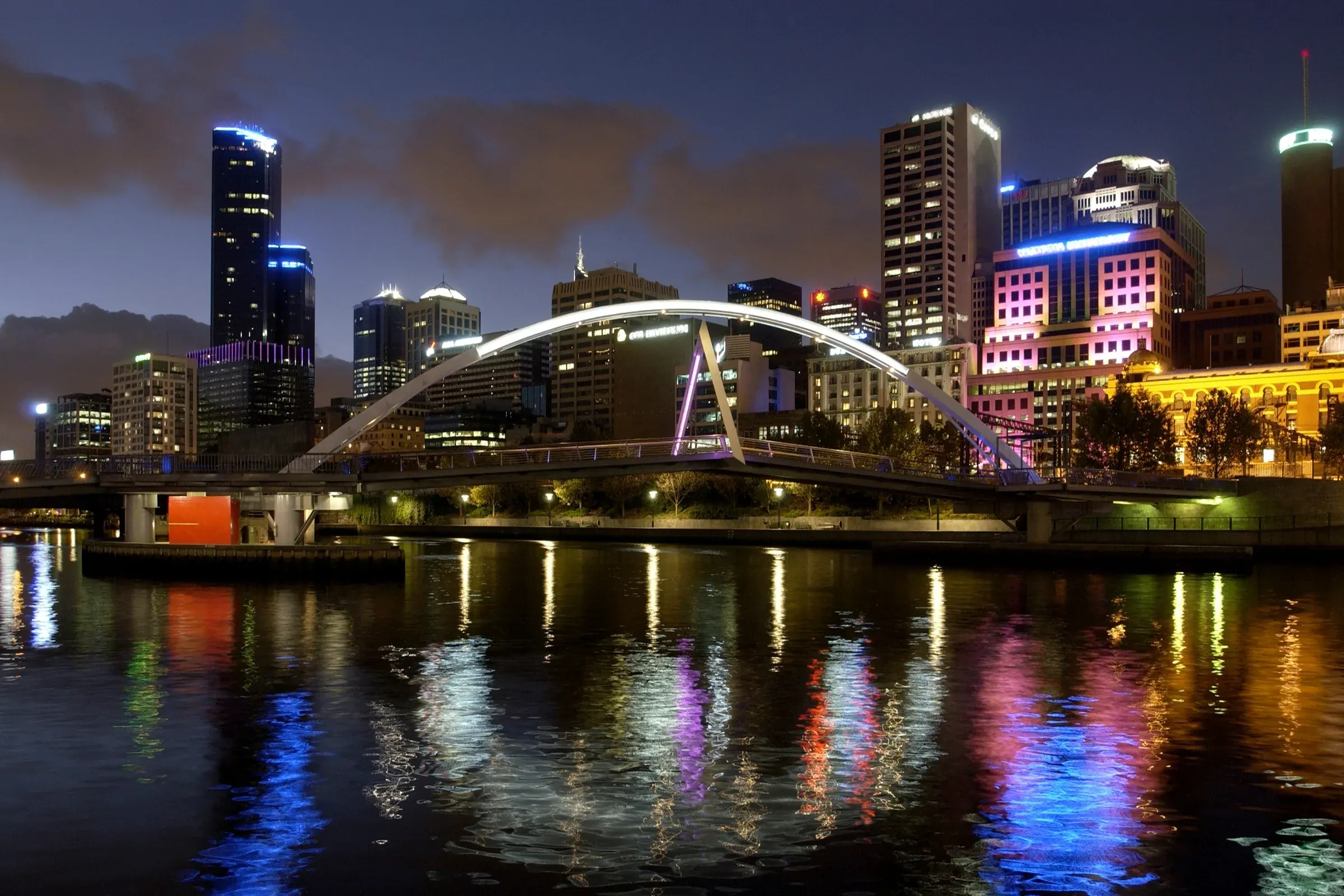 The Yarra and the Melbourne skyline lit up after dark