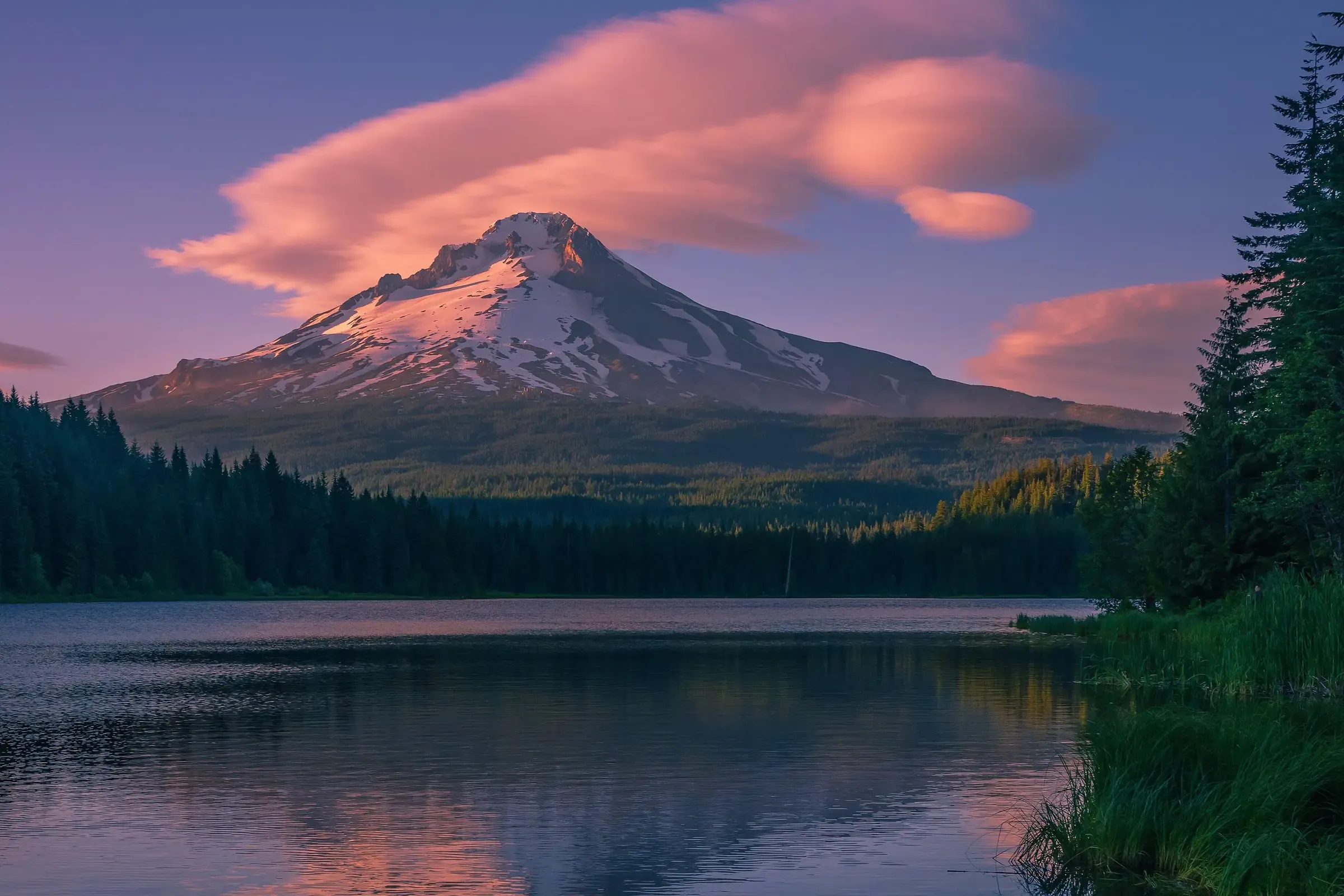 Mount Hood reflected in a still forest lake at sunset