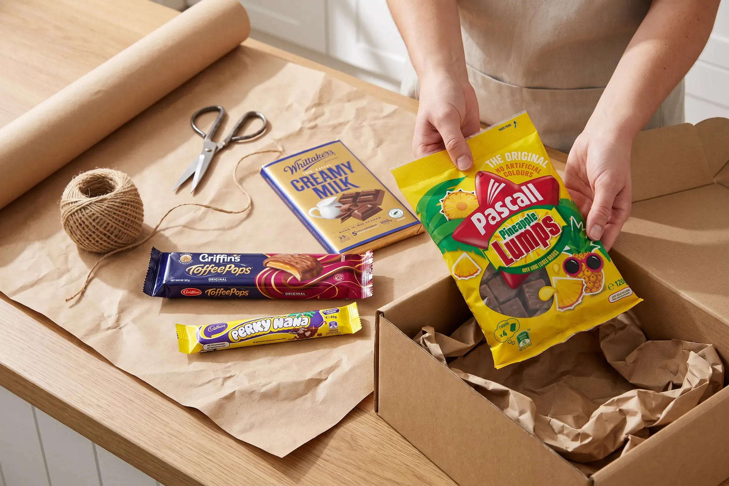 A KiwiKandy box being packed by hand with Pineapple Lumps and Toffee Pops