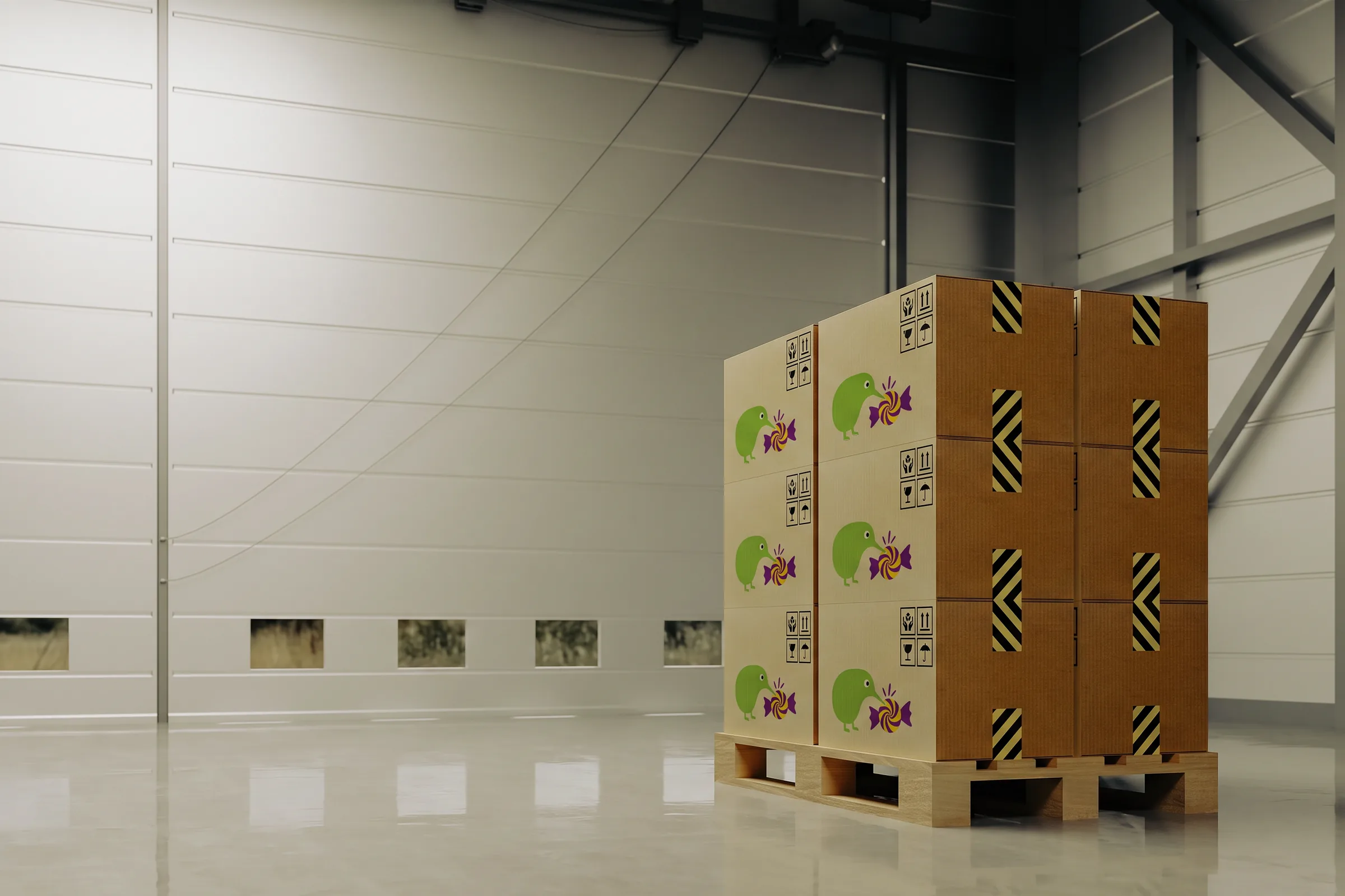 KiwiKandy cartons stacked on a pallet, ready for the freight run