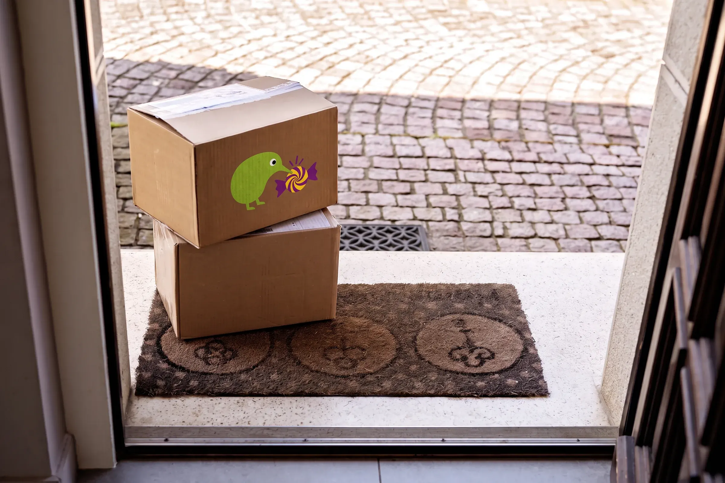 Two KiwiKandy parcels waiting on a doormat inside an open front door