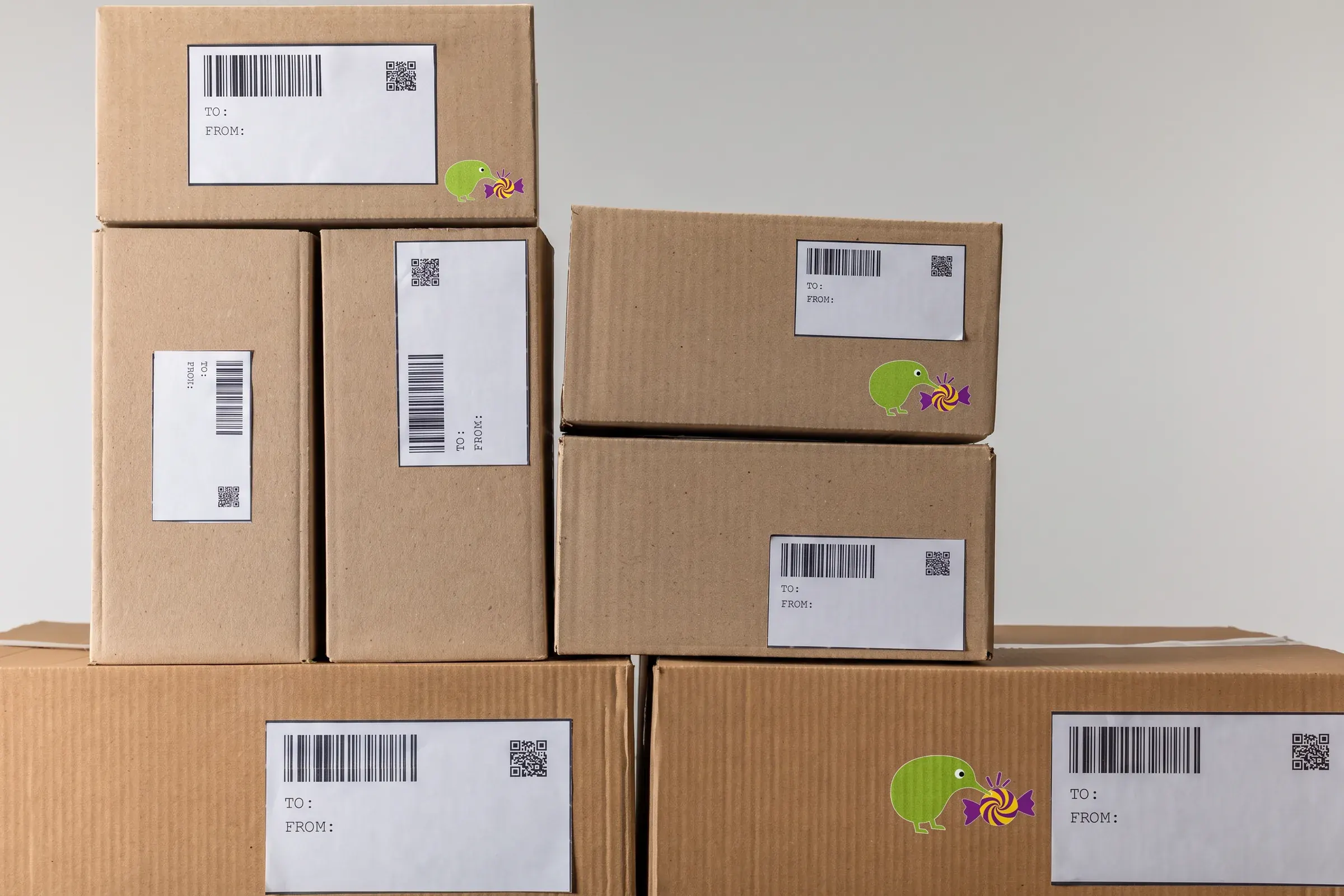 KiwiKandy parcels stacked and labelled for dispatch
