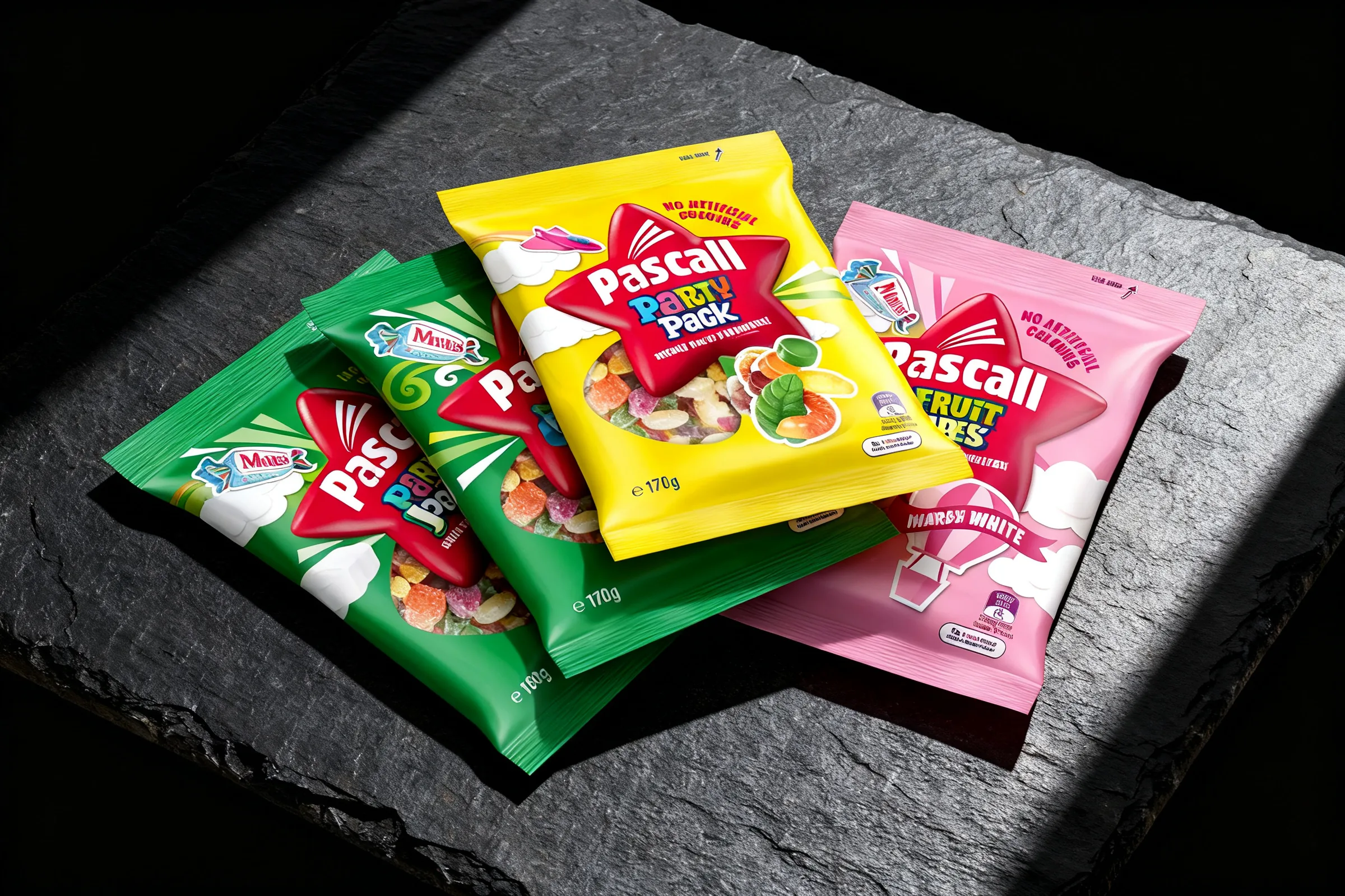 Pascall Minties, Party Pack and Fruit Jubes, photographed together on dark slate