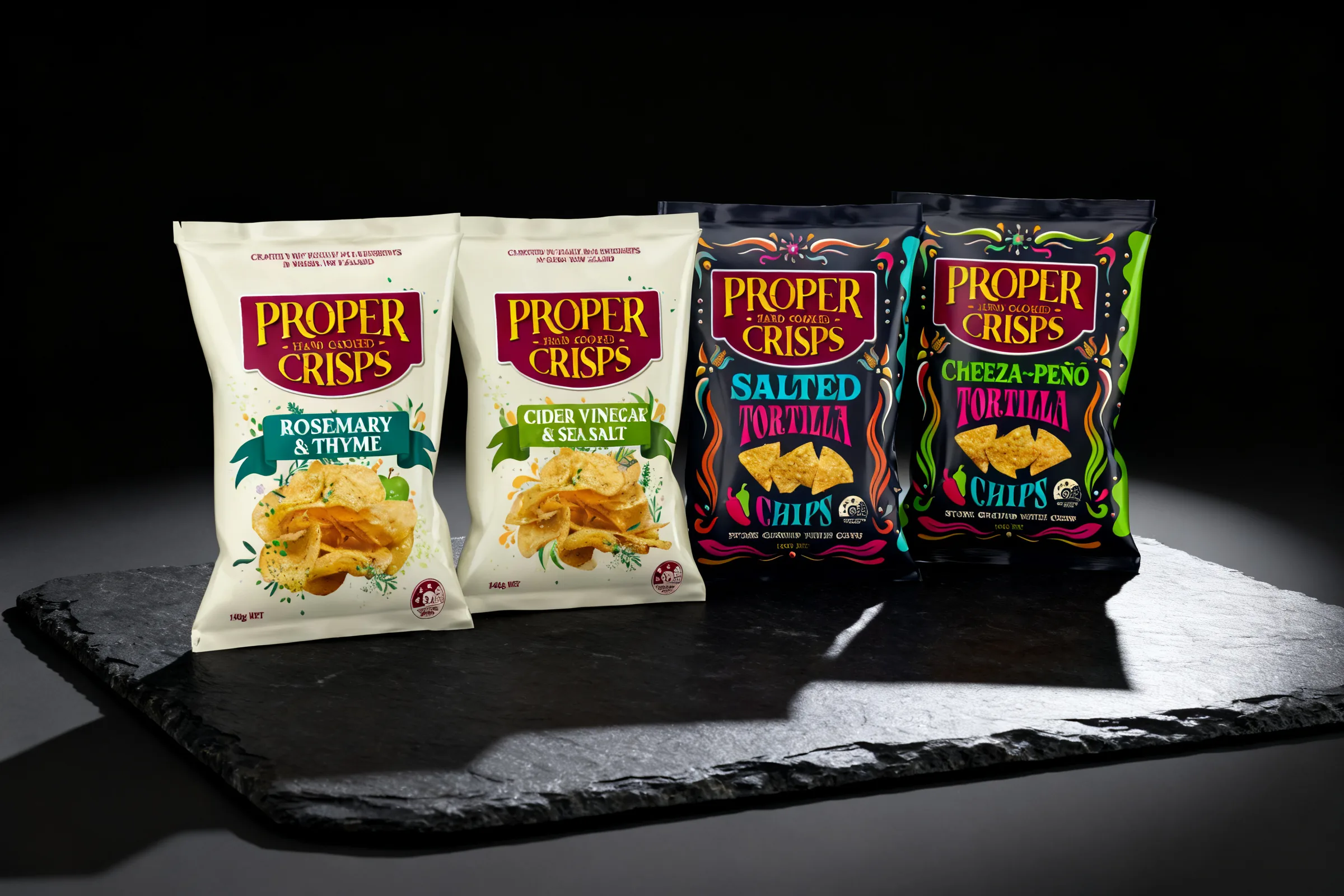 Proper Crisps Rosemary & Thyme Potato Crisps, Cider Vinegar & Sea Salt Potato Crisps and Salted Stone Ground White Corn Tortilla Chips, photographed together on dark slate