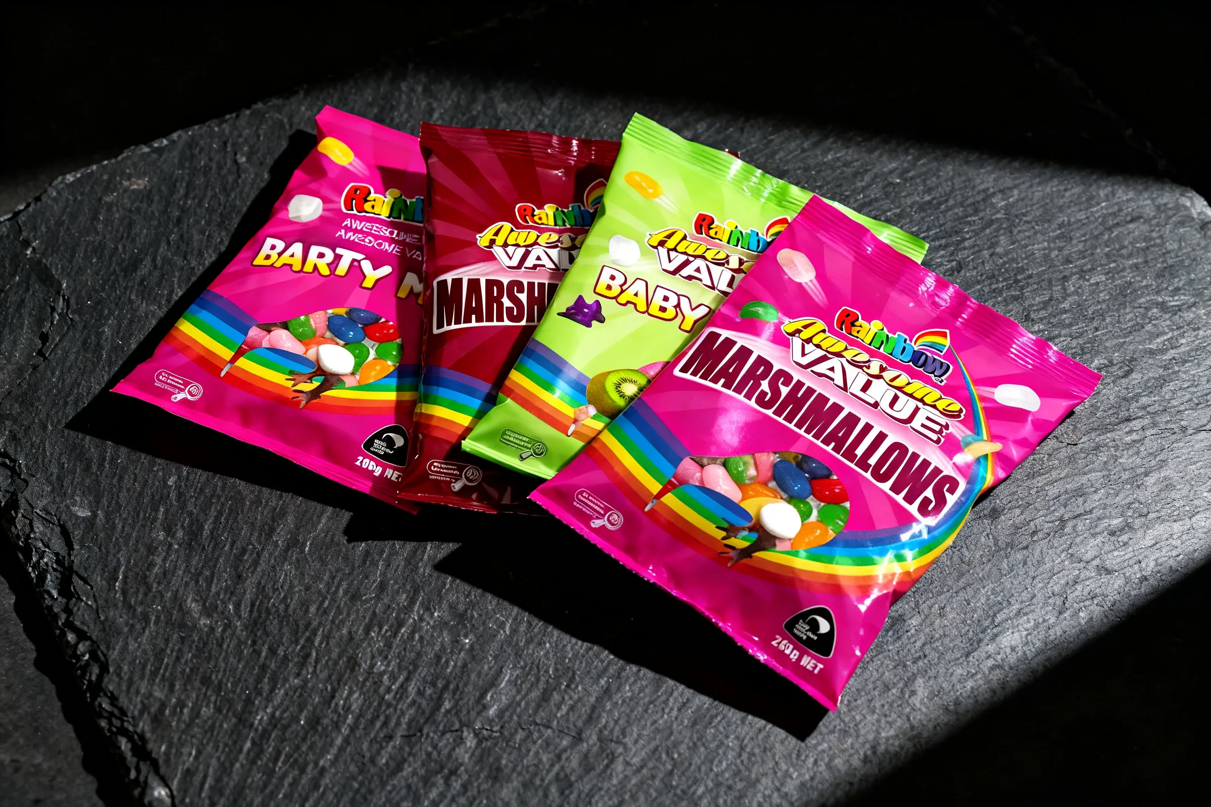 Rainbow Awesome Value Party Mix, Awesome Value Baby Fish and Awesome Value Marshmallows, photographed together on dark slate