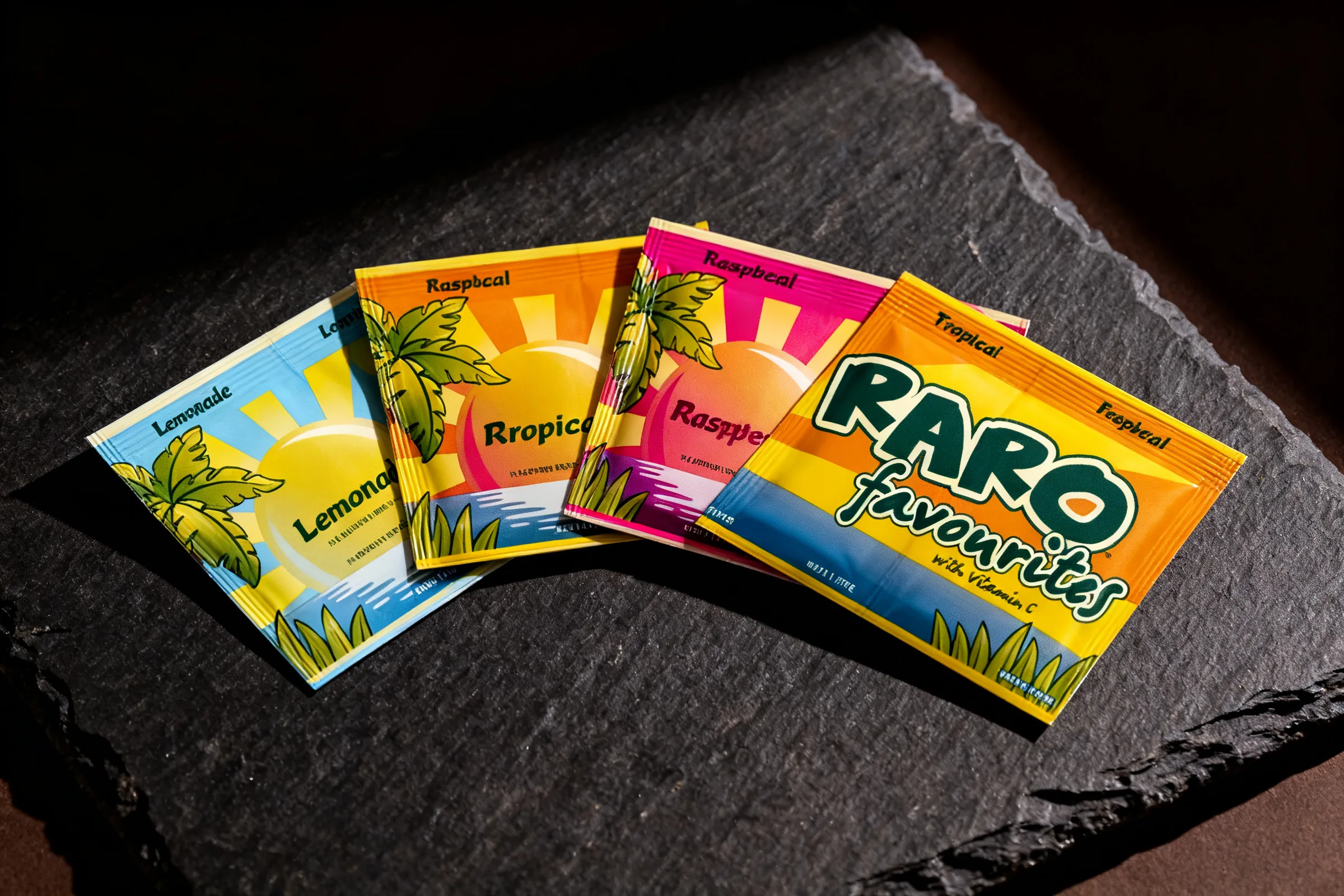 Raro Lemonade Flavoured Drink Mix, Tropical Flavoured Drink Mix and Raspberry Flavoured Drink Mix, photographed together on dark slate