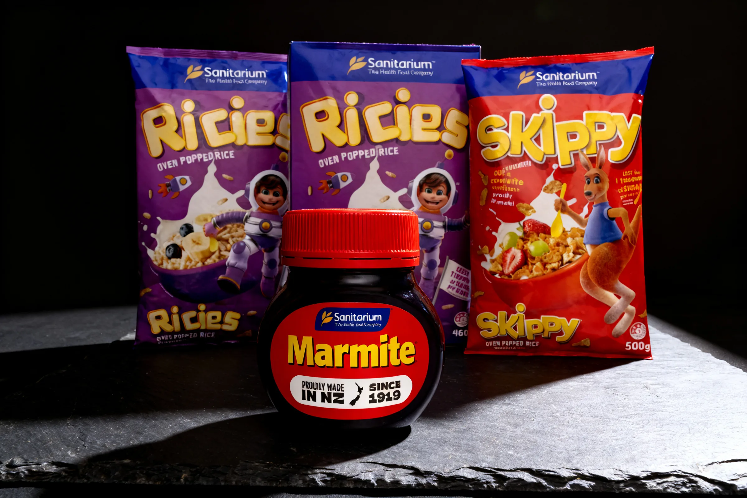 Sanitarium Ricies, Marmite and Skippy Cornflakes, photographed together on dark slate