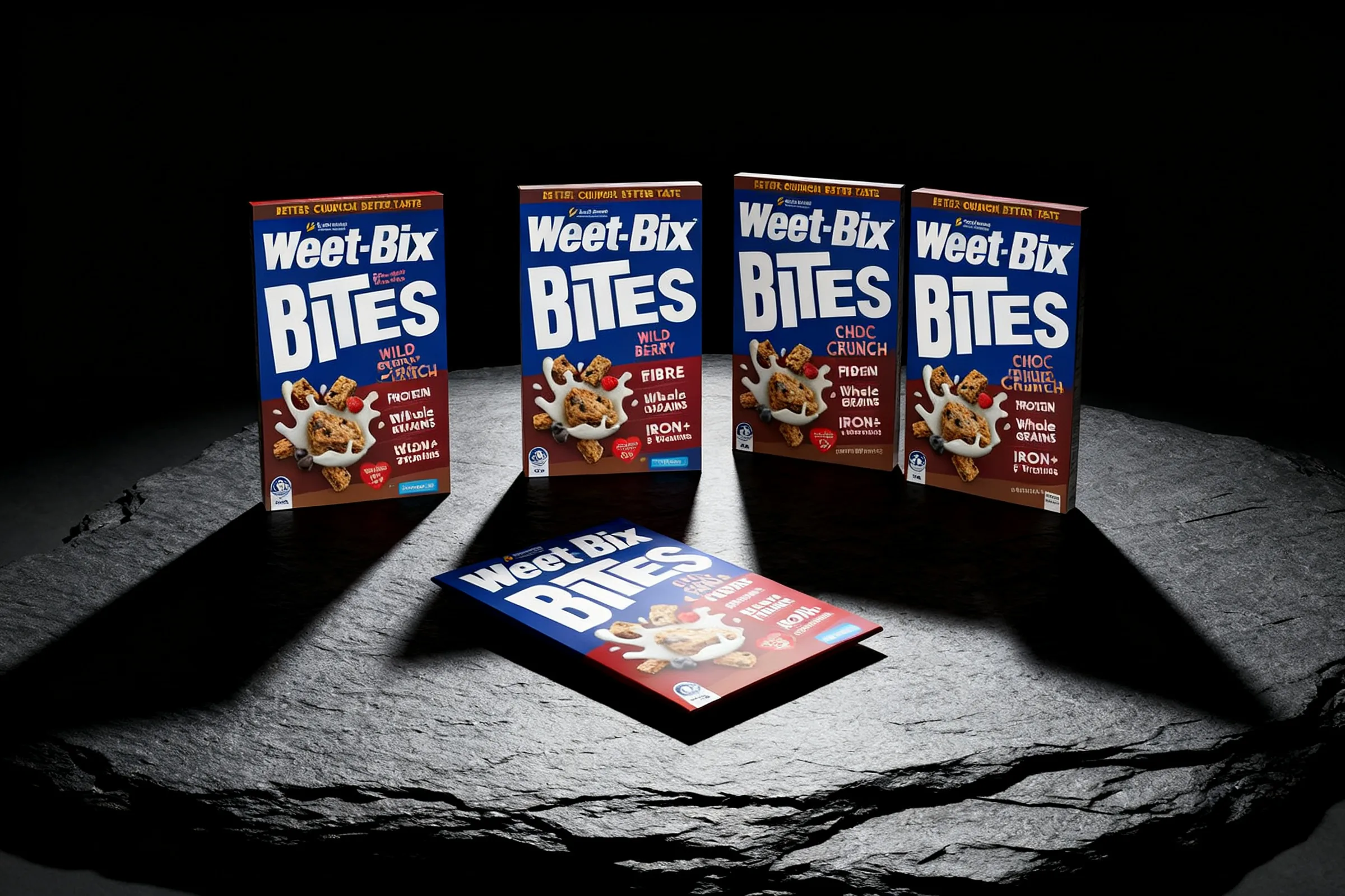Sanitarium Weet-Bix Breakfast Cereal, Gluten Free Breakfast Cereal and Wild Berry Bites Breakfast Cereal, photographed together on dark slate