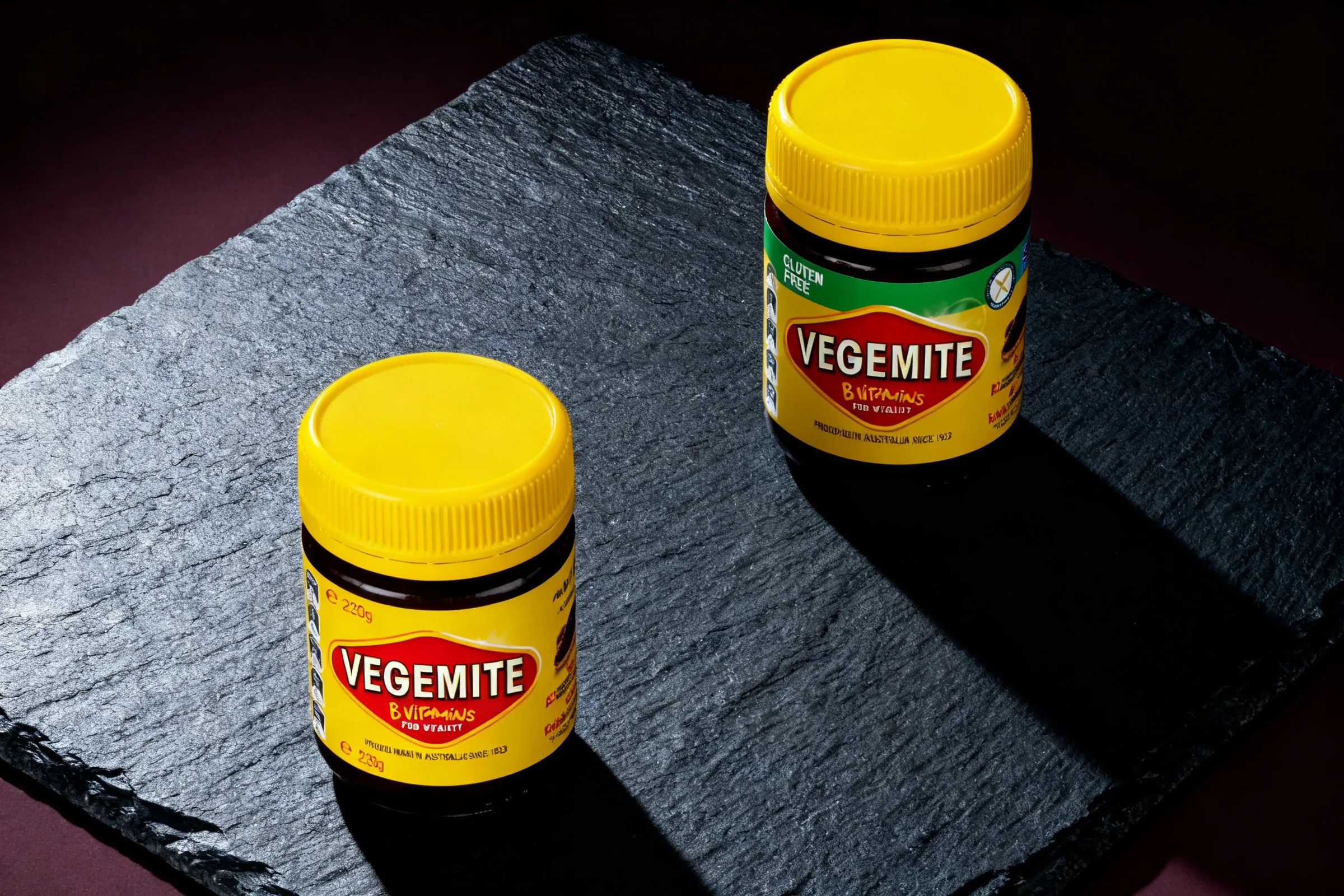 Vegemite Spread and Gluten Free Spread, photographed together on dark slate
