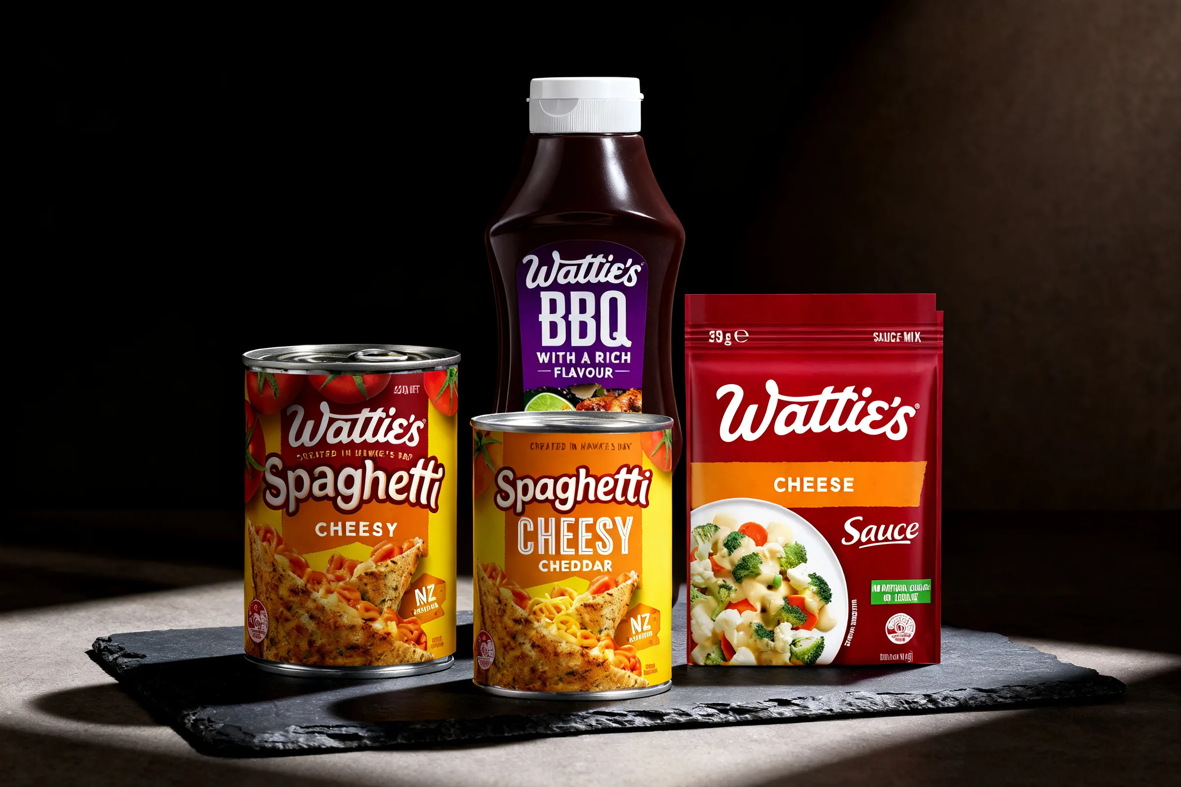 Wattie's BBQ Sauce, Tomato Sauce and Spaghetti Cheesy, photographed together on dark slate