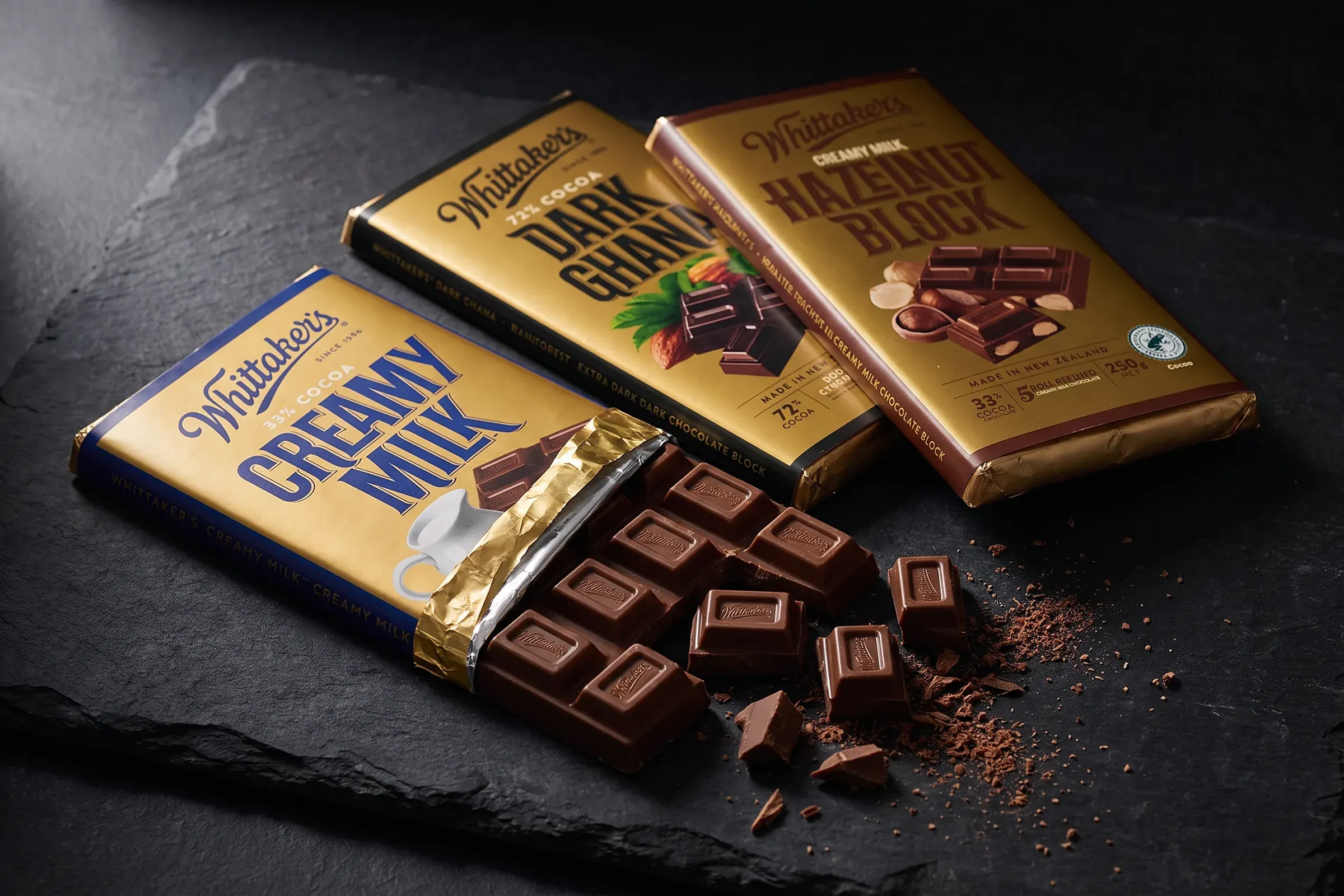 Whittaker's Creamy Milk, Dark Ghana and Hazelnut blocks, one opened and broken into squares